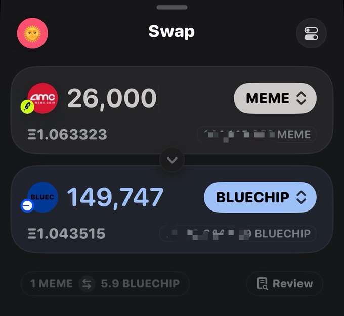 A crypto swap interface showing exchange rates between MEME (AMC, 26,000 tokens at Ξ1.063323) and BLUECHIP (149,747 tokens at Ξ1.043515).