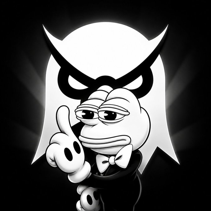 Black and white cartoon illustration of a frog character in a tuxedo pointing upward, set against a dark background with a stylized owl-like emblem behind it.