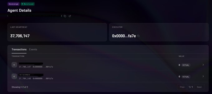 The image shows a dark-themed "Agent Details" dashboard displaying a "Sovereign" agent labeled "Monitored," with a last heartbeat count of 37,706,147 and an executor address starting with 0x0000...fa7e, along with a transactions list showing 0 RITUAL value entries. The dashboard visually confirms the creator's claim that their sovereign AI agent is now live and actively running on the Ritual platform.