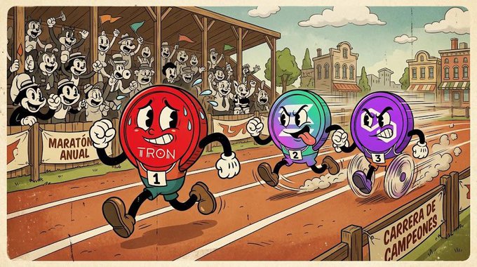 A cartoon race shows three round political candidates on a track: a red character labeled “TRON” running ahead of green and purple characters numbered “2” and “3.” A sign reads “MARATON ANUAL,” and another appears to read “CARRERA DE CAMPEONES.”
