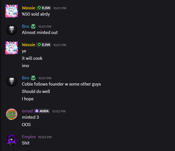 A Discord chat screenshot with messages from users 'Wassie' and 'Bns' discussing an NFT mint, with text including '%50 sold alrdy', 'Almost minted out', and 'it will cook'.