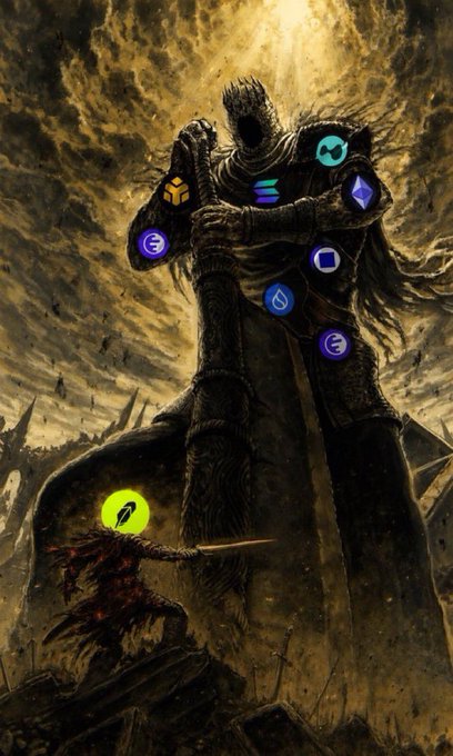 A towering, armored figure looms ominously over a lone warrior in dramatic dark fantasy artwork, surrounded by floating cryptocurrency token logos (Ethereum, Solana, Bitcoin, etc.), visually framing the small-scale "good fight" against crypto giants as the company champions its own blockchain—Robinhood Chain.