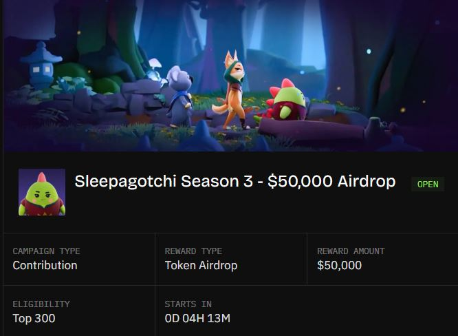 Screenshot of a 'Sleepagotchi Season 3 - $50,000 Airdrop' campaign page showing an illustration of small cartoon characters in a forest, with details for Contribution type and Top 300 eligibility.