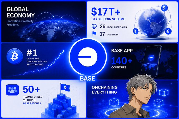 This Base infographic highlights its global economy mission with key metrics: $17T+ stablecoin volume across 26 local currencies in 17 countries, the #1 venue for on-chain Bitcoin spot trading, and the Base App available in 140+ countries. Additional stats include 50+ teams funded through Base Batches and the "Onchaining Everything" initiative, visualized with a central Base logo, globe graphics, and an anime-style character.