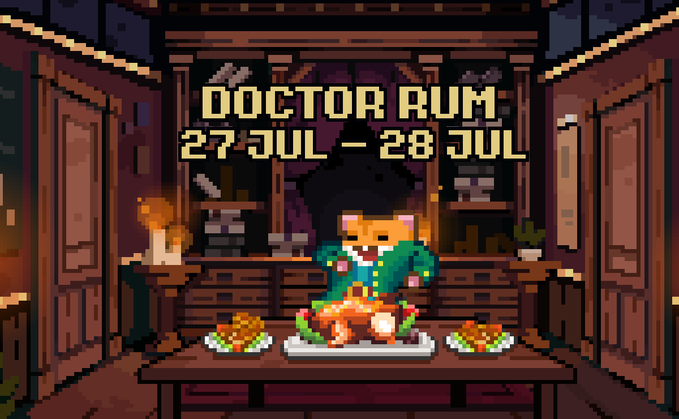 A pixel art image titled 'DOCTOR RUM 27 JUL - 28 JUL' depicting an anthropomorphic cat character in a green coat presenting a roasted bird on a table with side dishes.