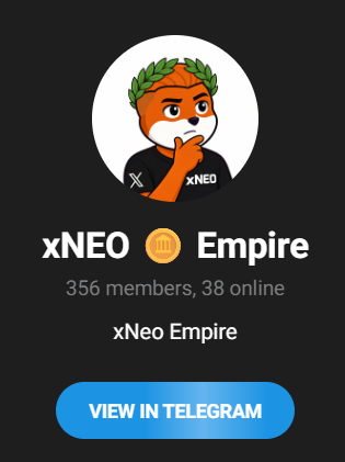 A Telegram group invitation screen for 'xNEO Empire' showing a logo with a fox character wearing a laurel wreath, 356 members and 38 online, with a blue 'VIEW IN TELEGRAM' button.