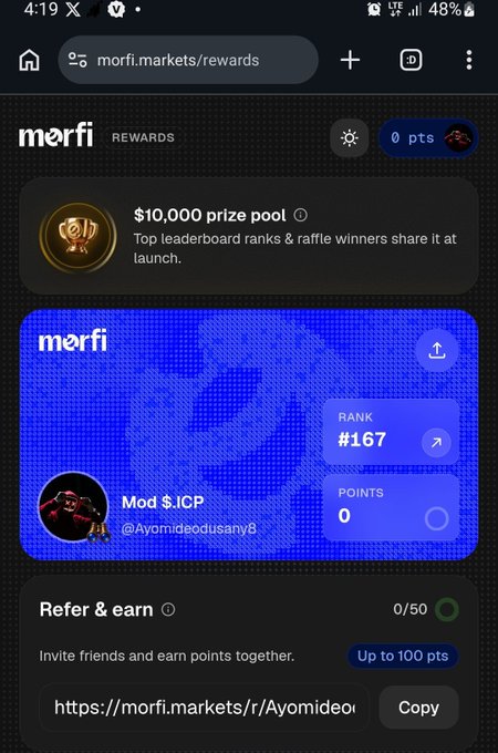 A screenshot of the Morfi Markets rewards page showing a $10,000 prize pool leaderboard, where user "Mod $.ICP (@Ayomidedosuny3)" is ranked #167 with 0 points, alongside a referral link offering up to 100 points for inviting friends. The image ties to the post by visually showcasing the gamified rewards system that incentivizes users to actively back their predictions on the Morfi prediction market platform.