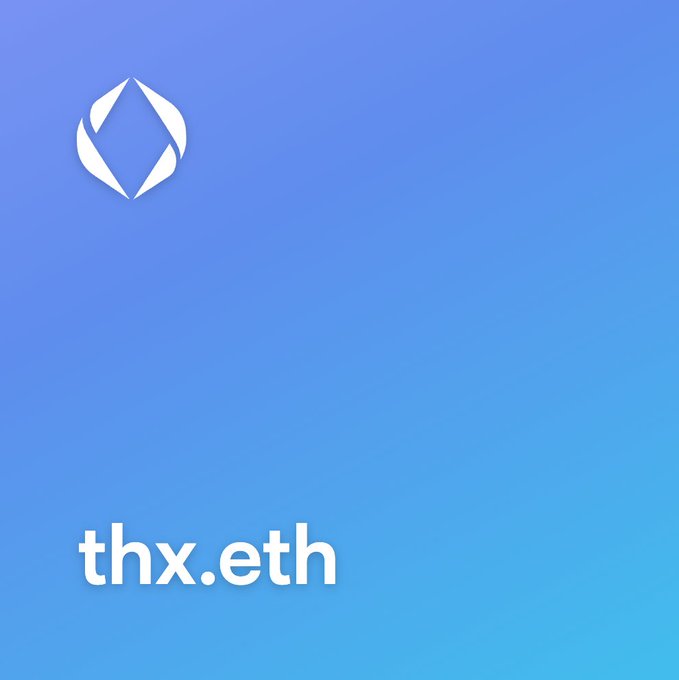 A minimalist blue gradient graphic displaying a white diamond-shaped logo at the top and the text "thx.eth" at the bottom, representing an Ethereum domain name.