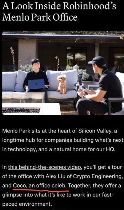 A man works on a laptop in an outdoor patio while another man films him, with a small dog named $COCO sitting between them, as part of a Robinhood careers video titled "A Look Inside Robinhood's Menlo Park Office."