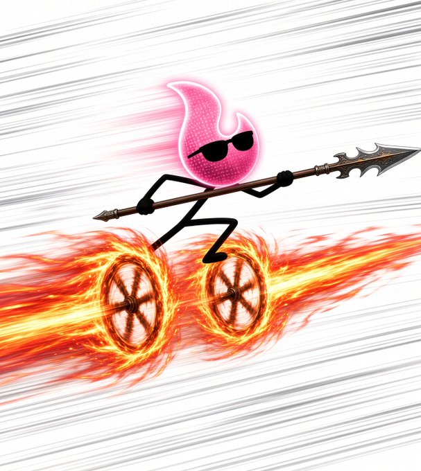A cartoon illustration of a pink flame character wearing sunglasses, riding flaming wheels while holding a spear, set against a motion-blurred white background.