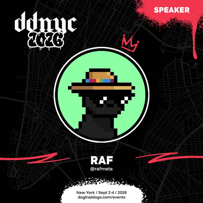 Promotional poster for 'ddmyc 2026' event in New York (Sept 2-4, 2026) featuring pixel art of a figure with a rainbow-striped hat, labeled 'SPEAKER RAF @rafmeta' with doginaldogs.com/events link.