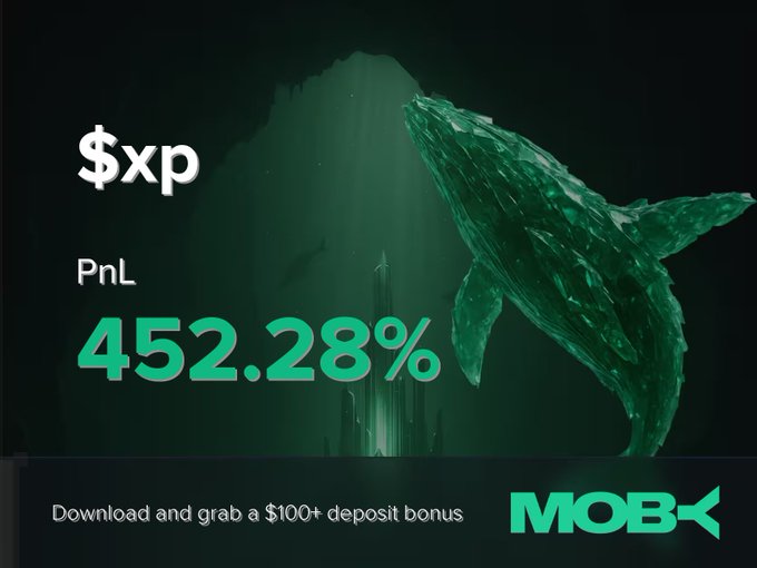 A Moby Mobile promotional graphic features a green whale breaching in an underwater scene, highlighting a "$xp" win with a PnL of 452.28% and a banner reading "Download and grab a $100+ deposit bonus" alongside the Moby logo. The image visualizes the substantial trader profit mentioned in the win alert post.