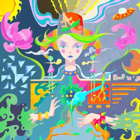 A vibrant, psychedelic illustration features a green-haired character with an ornate headdress and elaborate jewelry, surrounded by colorful flora, geometric patterns, and floating objects like a UFO.