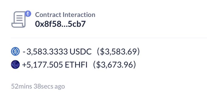 A cryptocurrency transaction record shows a Contract Interaction with address 0x8f58...5cb7 involving an outflow of 3,583.3333 USDC ($3,583.69) and an inflow of 5,177.505 ETHFI ($3,673.96) that occurred 52 minutes and 38 seconds ago.