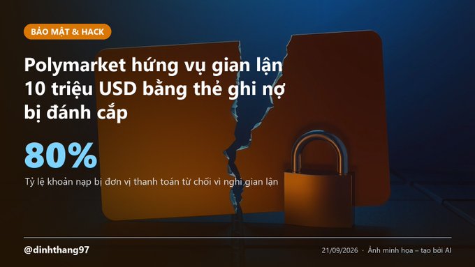 A Vietnamese-language slide titled 'BẢO MẬT & HACK' reports that Polymarket has frozen over 10 million USD in a fraud scheme involving stolen credit cards, noting an 80% decline in payment processor chargebacks, dated 21/09/2026.