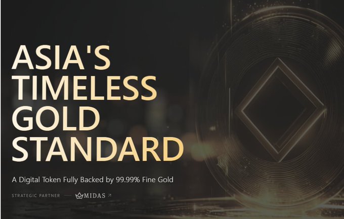 A sleek black promotional banner reads "ASIA'S TIMELESS GOLD STANDARD — A Digital Token Fully Backed by 99.99% Fine Gold," with "MIDAS" listed as a strategic partner, alongside a glowing geometric token graphic. The image aligns with the post's theme of modernizing gold ownership through blockchain technology, visually representing the fusion of traditional gold's enduring value with a digital, crypto-native format.