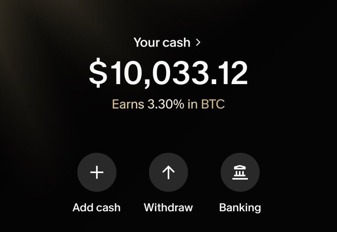 A Cash App screen showing a balance of $10,033.12 that 'Earns 3.30% in BTC,' with options to add cash, withdraw, or access banking.