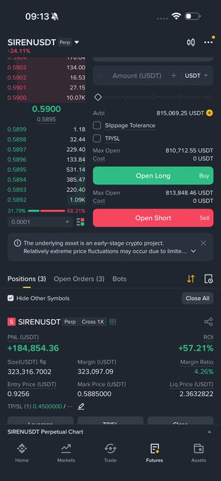 The image shows a phone screen displaying a stock trading app with various options, including open orders, market data, and financial information. The app's interface has a dark background that contrasts with the light brown color of the phone screen. The main focus is on the "SIREN" symbol in the bottom left corner, which could be an option or a feature within the trading app.

The image also contains text elements such as "Open orders", "Open long", and "Open short". These descriptions provide more context about the available options for users to make decisions based on their preferences and risk appetite. The overall layout of the screen suggests that it is designed to help users navigate through different aspects of stock trading, making it easier for them to understand and manage their investments effectively.