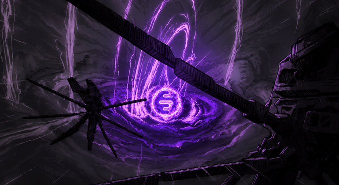 A dark fantasy digital illustration depicting a purple swirling energy vortex with a glowing symbol at its center, flanked by dark mechanical or architectural structures in a cavernous setting.