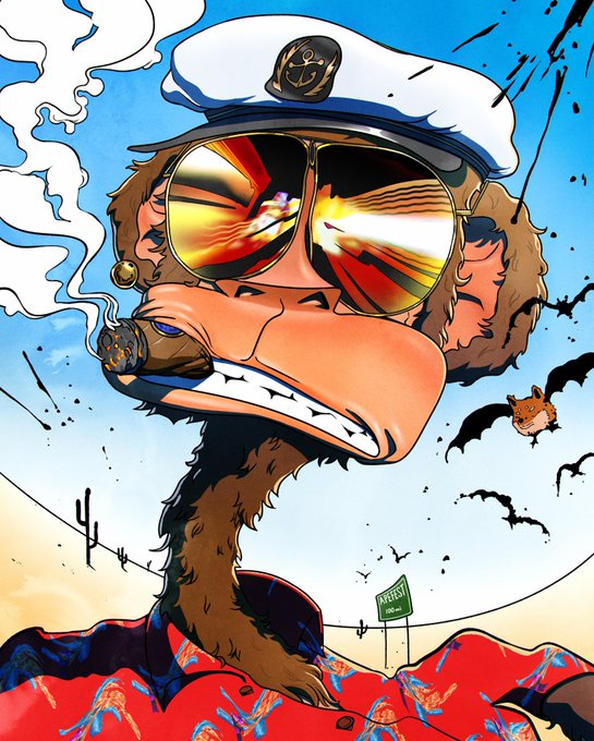 A cartoon illustration of an anthropomorphic monkey/ostrich wearing a sailor hat and aviator sunglasses, smoking a cigar in a desert landscape with a 'Speed Limit 100 mph' sign and a bat flying by.