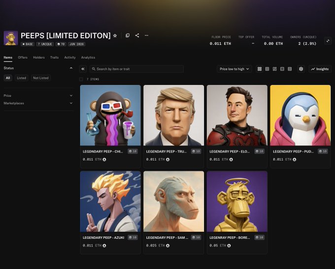 The image shows a page from a website displaying an array of cartoon characters or figurines, possibly for sale. The characters include a monkey, a bird, and other animals such as a lion and a bear. The website offers limited edition items, which are displayed in various sizes and positions on the screen. The post also mentions that these fake figures can be used to create an Airdrop effect or shared with others.