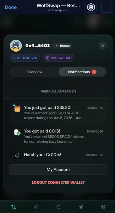 The image displays a screen showing details of the Wolfswap app and some user-generated content, likely from users interacting with the app. The main focus of the screen is an alert for notification status that reads "You just got paid $35.30 today on @wolfswapdotapp". It seems like there's a connection between the notification and how much money was earned by the user through playing the game or using some other function within the app. Another detail in the image shows a log of notifications, which might include various types of information about users' activities with the Wolfswap app.