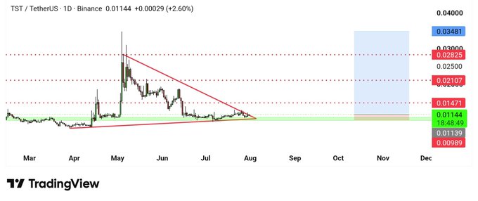 A TradingView daily chart for the TST/TetherUS (TSTUSDT) pair on Binance shows the token's price at 0.01144, up 2.60%, with key resistance levels marked at 0.01471, 0.02107, 0.02500, 0.02825, and 0.03000, alongside a descending triangle pattern and a highlighted potential breakout zone. The chart visually supports the post's claim of TST's strong 80% gain as a Binance top performer, with the technical setup suggesting potential further upside toward the highlighted resistance levels.