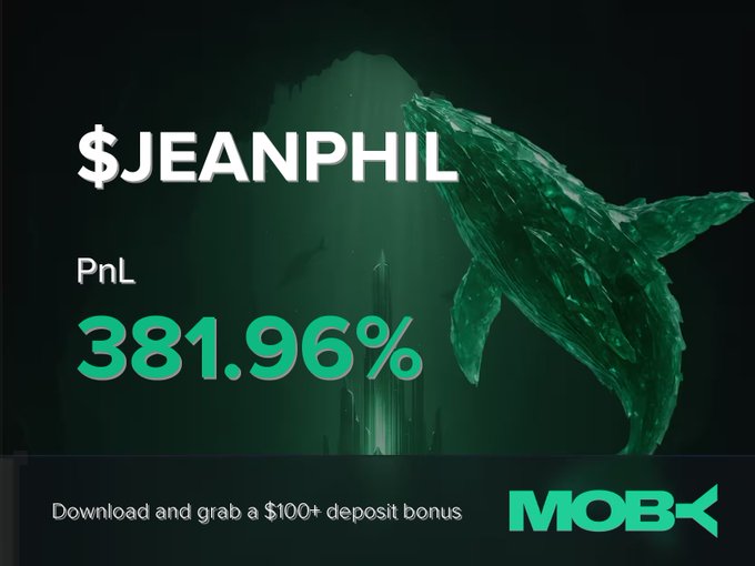 A promotional graphic for Moby Mobile displays "$JEANPHIL" with a PnL of "381.96%" in bold green text against a dark underwater scene featuring a whale. The ad also encourages viewers to "Download and grab a $100+ deposit bonus" alongside the Moby logo, illustrating the post's announcement of a trader closing the JEANPHIL position for a 381.96% profit.