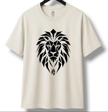 A cream-colored t-shirt hanging on a hanger featuring a geometric black lion head design.