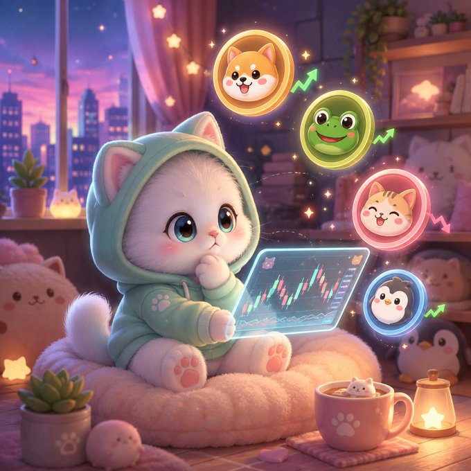 Chibi-style illustration of a white cat in a teal hoodie looking at a glowing holographic stock chart, surrounded by floating cryptocurrency coins featuring Shiba Inu, Pepe, and other meme coins.