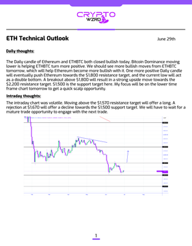 An ETH Technical Outlook report from Crypto Zebra dated June 29th, featuring a candlestick chart of Ethereum's price action with analysis highlighting a bullish close and key resistance levels at $1,570 and $1,630, alongside support at $1,500 and a long-term bottom target of $1,800.
