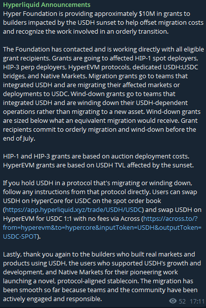 A Telegram announcement from Hyperliquid Announcements stating that Hyper Foundation is providing approximately $10M in grants to builders impacted by the USDH sunset, with migration details for HIP-1, HIP-3, and HyperEVM protocols and instructions to swap USDH on HyperCore or Across.