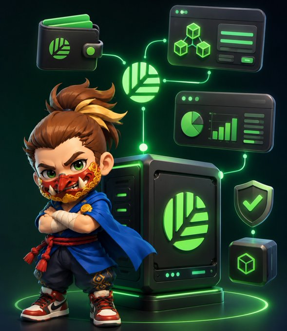 A 3D-rendered illustration of a chibi-style martial artist character standing next to a black server unit glowing with green light, surrounded by digital interfaces displaying charts and security icons.