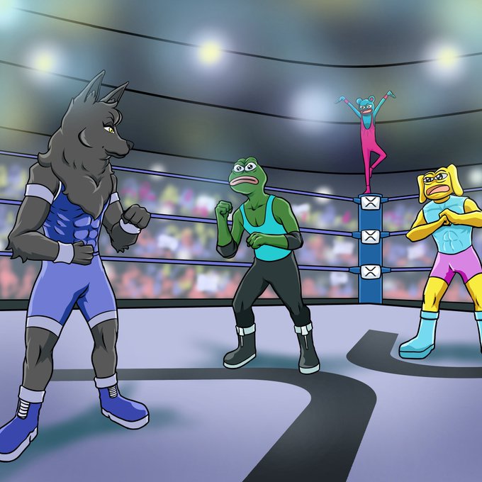 A digital illustration of a wrestling ring featuring anthropomorphic characters: a werewolf in blue gear on the left, a green frog-like creature in the center, a muscular yellow character on the right, and a pink character celebrating on the turnbuckle.