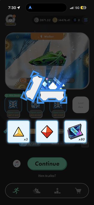 A mobile game screen similar to the previous one, showing a 'Walker' vehicle, a 'Continue' button, and inventory counts including 3 yellow pyramids and 80 blue crystals.