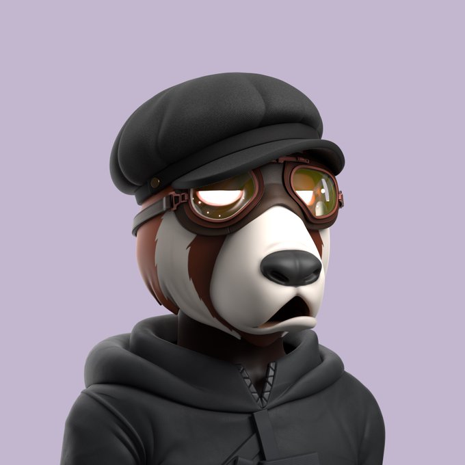 3D rendered anthropomorphic dog character wearing a black newsboy cap, aviator goggles, and dark hoodie against a light purple background.