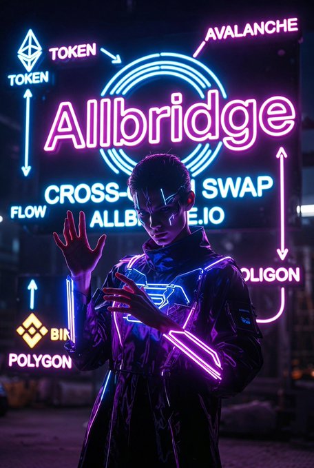 The image features a person dressed in black, standing against a neon background with purple and blue lights. The person has their hand raised above their head, possibly posing for a photo or drawing attention to something specific. In the background of the image, there is a neon sign that reads "Allbridge" along with some text about cryptocurrency. The main focus of the image seems to be on the individual in black attire and the neon sign, creating an interesting contrast between the person's dark clothing and the vibrant colors of the lights.