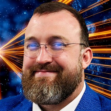The image shows a digitally altered portrait of Charles Hoskinson featuring a glowing blue-eyed, smiling expression with cosmic light streak effects radiating behind him, visually emphasizing the "welcome to Midnight, Solana" announcement about private DeFi interoperability between Solana and NIGHT tokens via the v9 composability upgrade.