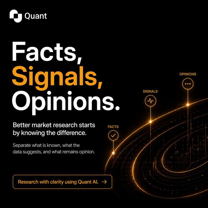 A sleek black promotional graphic for **Quant** features bold white and orange text declaring "Facts, Signals, Opinions." with the tagline "Better market research starts by knowing the difference." A glowing orbital diagram on the right labels three nodes — **FACTS** (checkmark), **SIGNALS** (pulse wave), and **OPINIONS** (speech bubble) — visually reinforcing the campaign's core message to separate evidence from speculation, which ties directly into the post's breakdown of ETH market analysis.