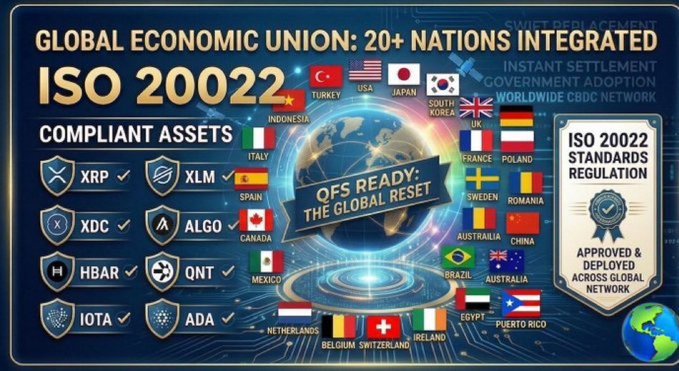 The image promotes a "Global Economic Union" with "20+ Nations Integrated" under "ISO 20022" compliance, featuring "QFS Ready: The Global Reset" and listing compliant crypto assets including XRP, XLM, XDC, ALGO, HBAR, QNT, IOTA, and ADA, alongside flags of countries like the USA, Japan, UK, France, Germany, Australia, and China.

The graphic visually supports the post's claim about XRP's role in the evolving global financial system by depicting it as one of the ISO 20022-compliant assets positioned within a worldwide network of integrated nations, reinforcing the idea of XRP being central to a new digital finance era.