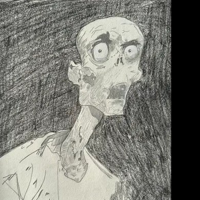 A pencil sketch of a grotesque, skull-like creature with bulging eyes and a screaming mouth, rendered with heavy shading against a dark background.
