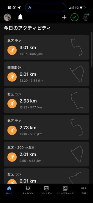 The image shows a phone screen displaying various fitness data, including distances and times for different runs or exercises. The app displays information about the distance and time taken for each run, as well as the total distance and time of all runs combined. There are also icons representing different types of exercise, such as running, cycling, and swimming. The post in question is titled "しごおわ 閾値走6km #STEPN", which could be a reference to the app or a specific run that was performed.