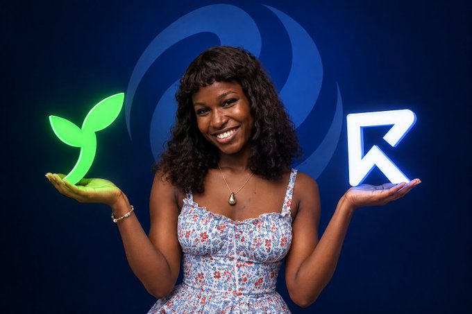 A smiling woman in a floral dress stands against a blue background, holding a glowing green plant sprout in one hand and a glowing white 'R' logo in the other.