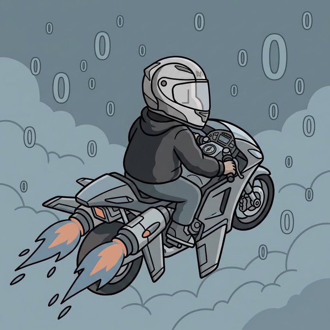 A cartoon illustration of a person in a helmet and hoodie riding a futuristic motorcycle with rocket thrusters through cloudy skies with floating zeros.