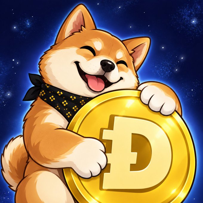 Digital illustration of a smiling Shiba Inu dog wearing a black bandana with a gold pattern, hugging a large gold Dogecoin (DOGE) against a starry blue night sky background.