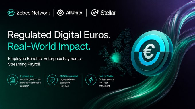 The image is a promotional graphic from Zebec Network featuring logos of AllUnity and Stellar, with the tagline "Regulated Digital Euros. Real-World Impact." It highlights employee benefits, enterprise payments, and streaming payroll, noting Europe's first MiCAR-compliant regulated euro stablecoin (EURAU) built on Stellar for fast, low-cost settlement. The graphic visually reinforces the post's announcement about partnering with AllUnity and Stellar to integrate regulated digital euros into Germany's enterprise and payroll operations.