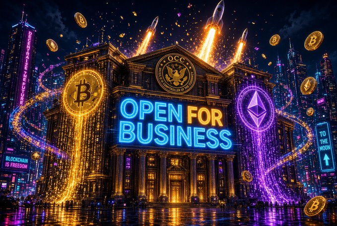 A neon-lit neoclassical building emblazoned with "OPEN FOR BUSINESS," an OCC seal, glowing Bitcoin and Ethereum symbols, and a "TO THE MOON" sign, visually amplifies the post's message that the OCC's decision to allow crypto firms like Bitcoin to pursue national bank charters marks a new era of federal legitimacy and explosive growth for digital assets.