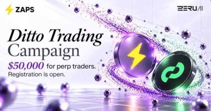 An advertisement banner announces the 'Ditto Trading Campaign' offering '$50,000 for perp traders' with logos for ZAPS and ZERU AI.