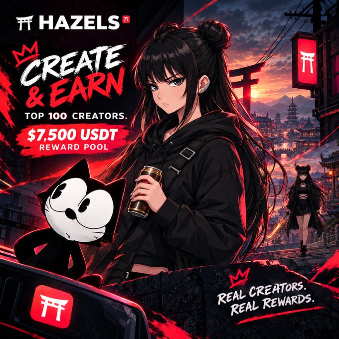 An anime-style promotional graphic for "HAZELS" featuring a "CREATE & EARN" campaign offering a $7,500 USDT reward pool for the top 100 creators, with the tagline "REAL CREATORS. REAL REWARDS."