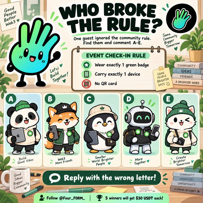 A playful "Who Broke the Rule?" puzzle by @Four_FORM_ asks viewers to identify which of five mascot characters (A-E) violated the event check-in rules—needing exactly one green badge, one device, and no QR card—with five winners receiving $30 USDT each for participating in the giveaway.